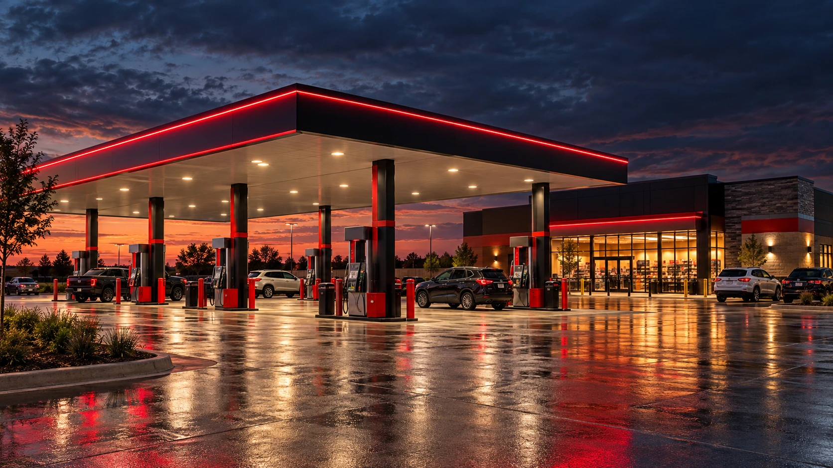 A modern gas station and convenience store illuminated in red at dusk
