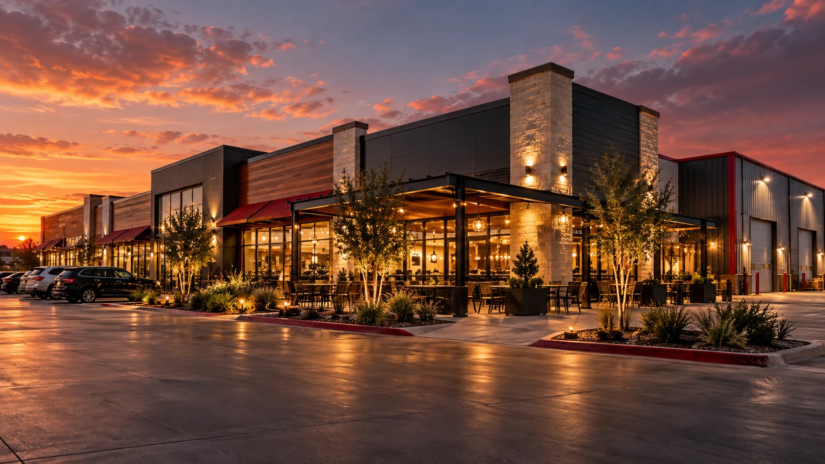 A modern commercial property at twilight
