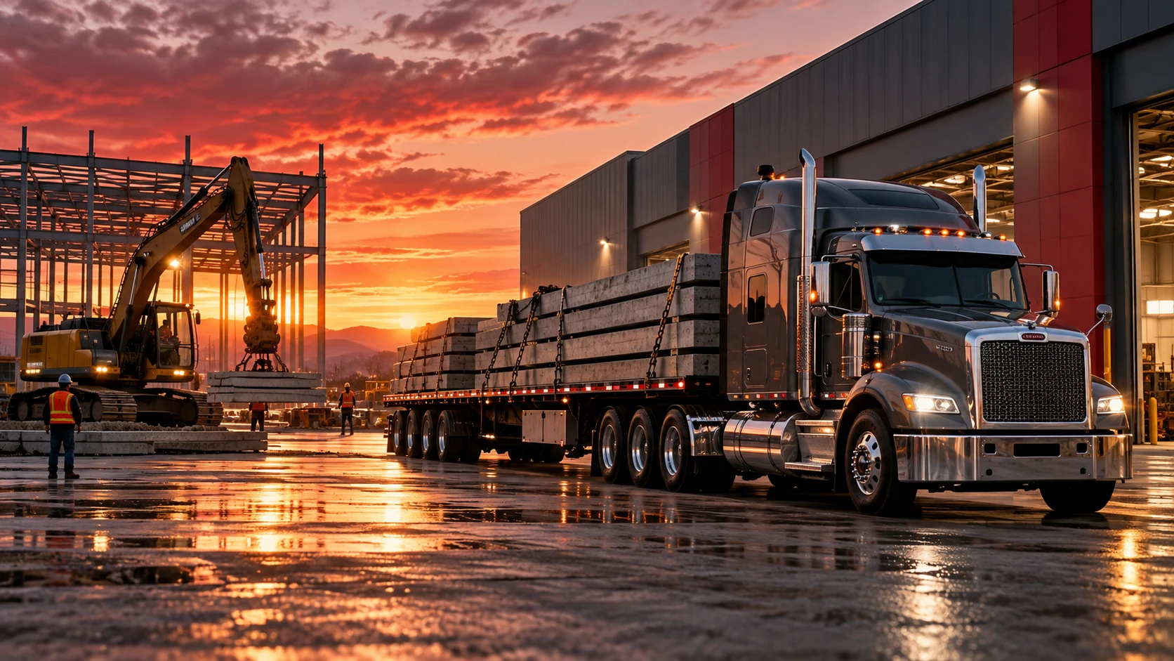 Commercial transport and construction equipment at an industrial facility