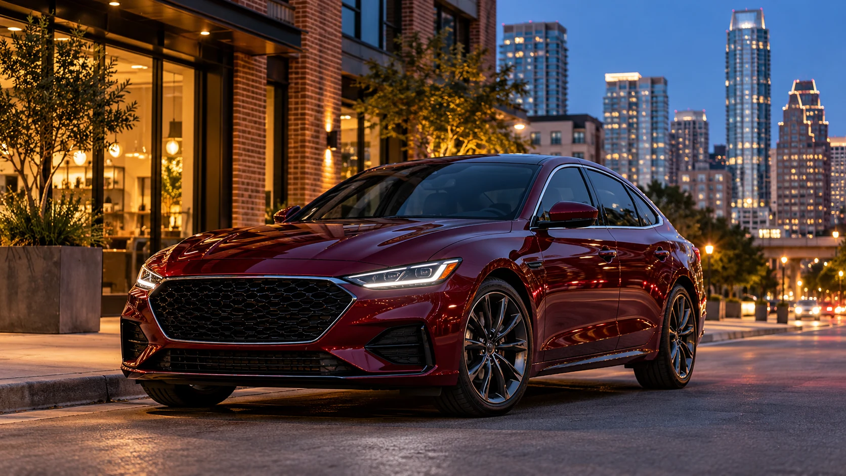 Burgundy sedan parked on a city street at dusk