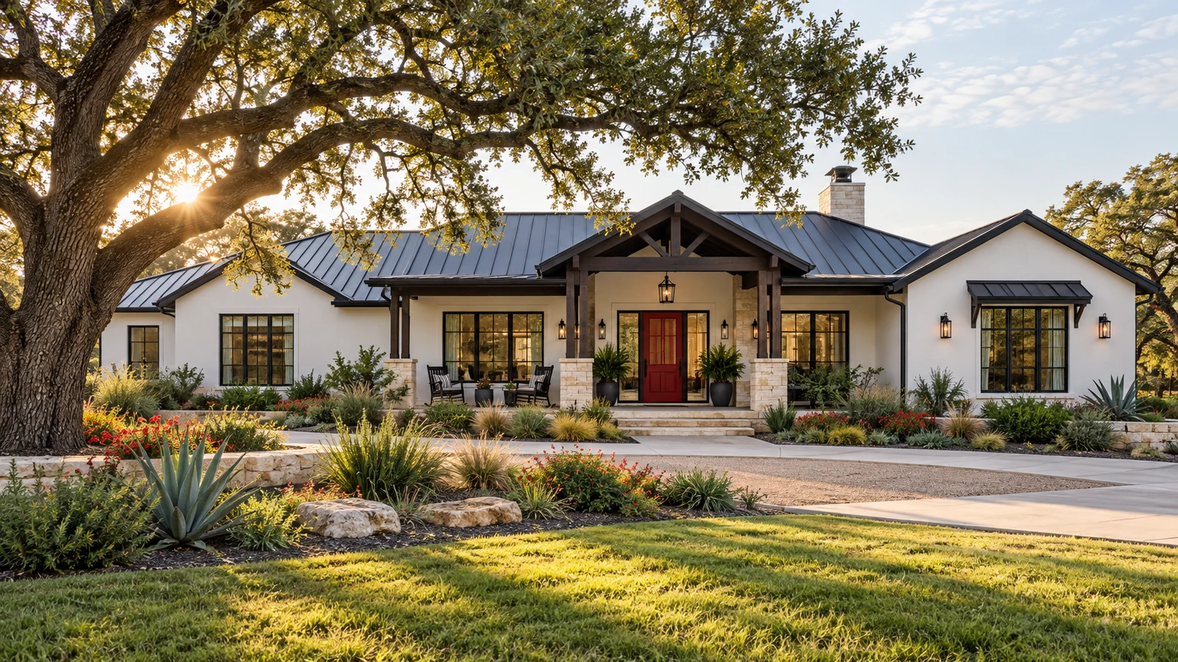 Single-story Texas home with a red front door and shaded porch